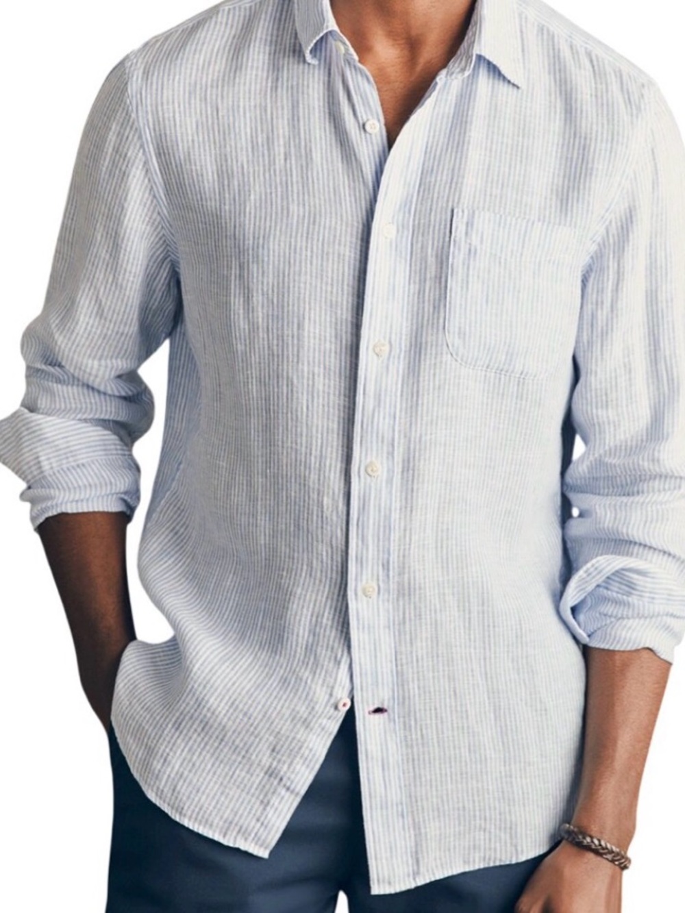 Faherty Laguna Linen Light Blue Striped Button Down Shirt